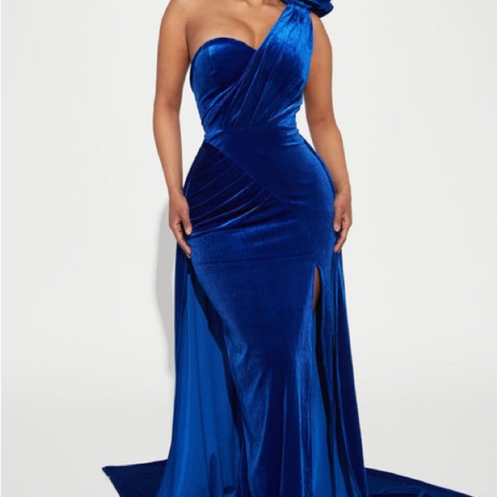 Fashion Nova One Shoulder Blue Velvet Dress
